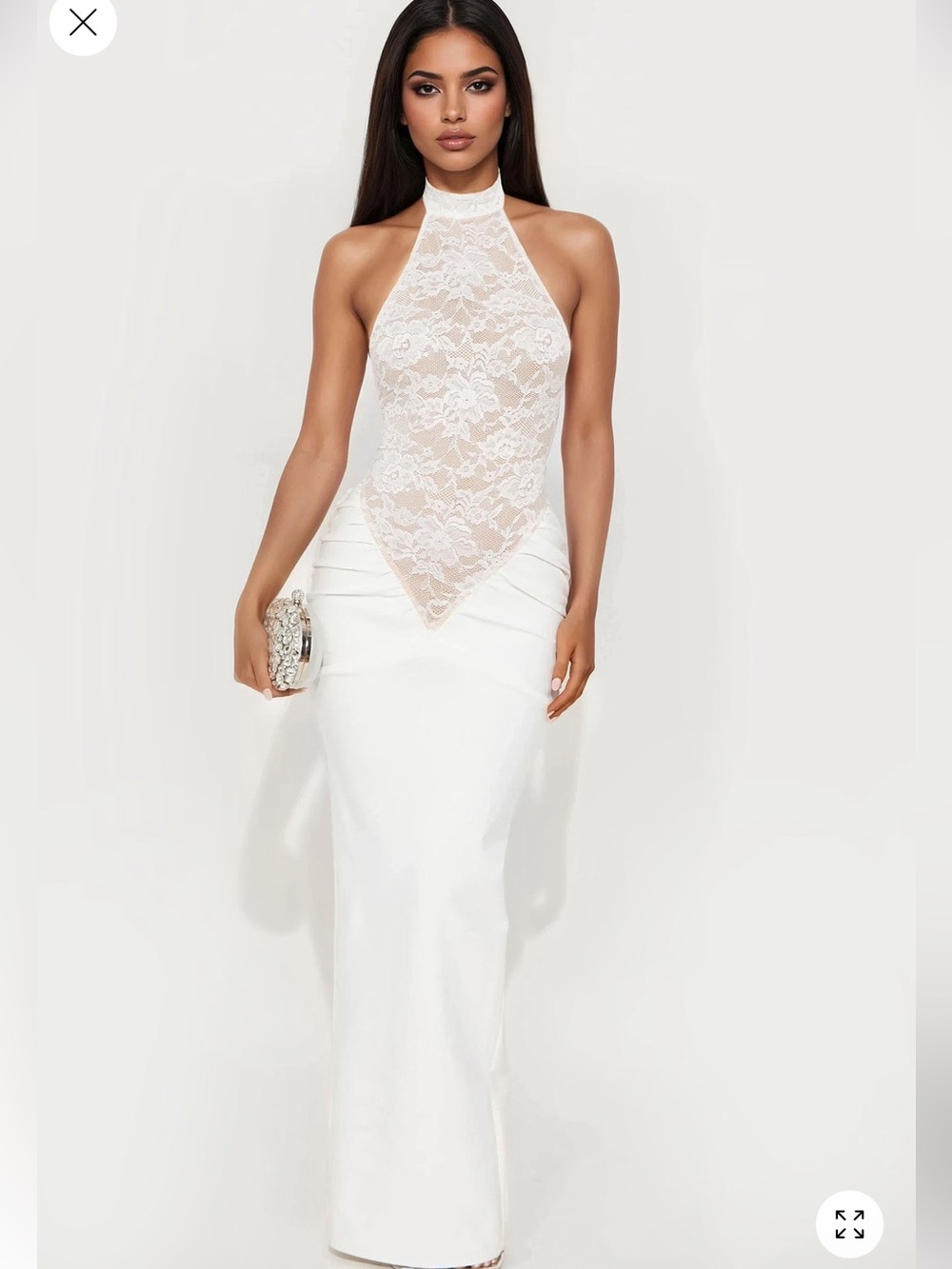 White Lace Halter Evening Gown